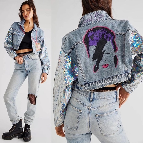 NWT Wren + Glory Hand Painted Bowie Denim Jacket Sequin Cropped Free People O/S